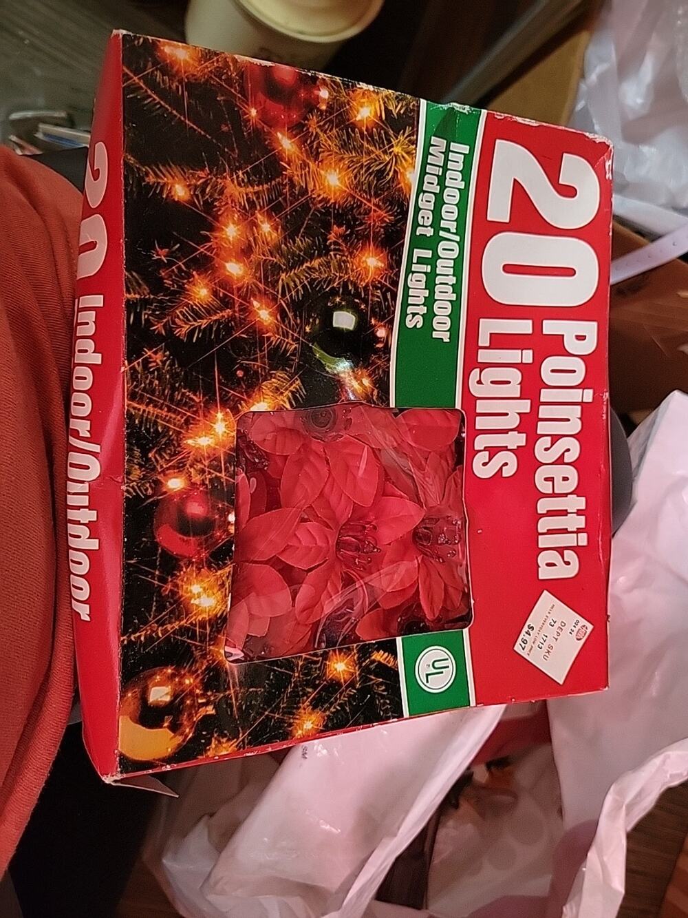 1 String Poinsettia Christmas Lights ~ 20 Lights With Silk Flower Covers ~ Vtg.